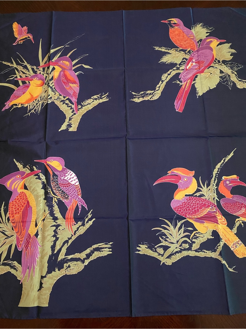Hand woven 100% Thai Silk Scarf in Navy. Pink, red, green and golden yellow.